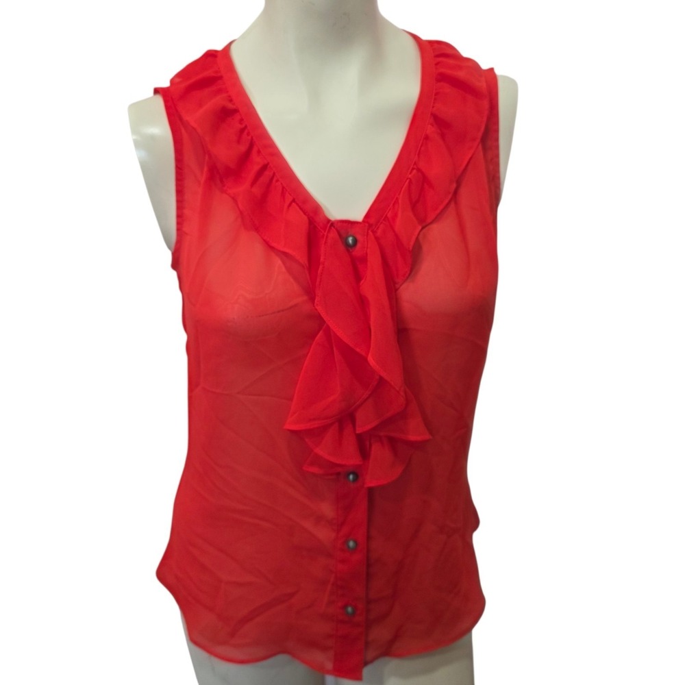 Banana Republic Red Ruffle Sleeveless Blouse Sheer V Neck Women's Small Top